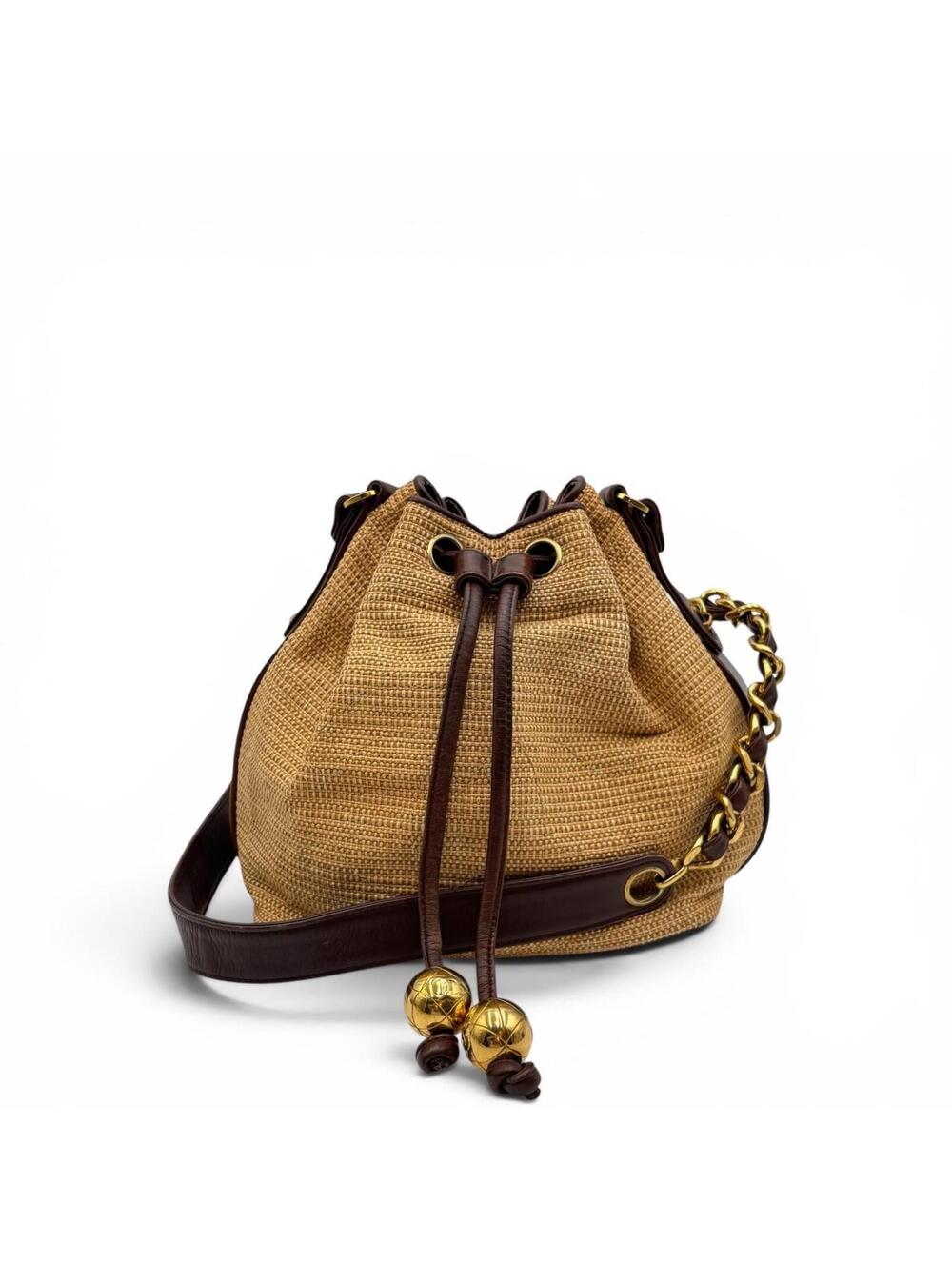 Chanel Raffia Drawstring Bucket Bag With Leather Trim & Gold Hardware